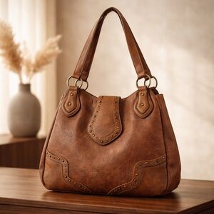 Justin Western Carry Handbag With Dual Zippered Pockets Magnet Closure Brown